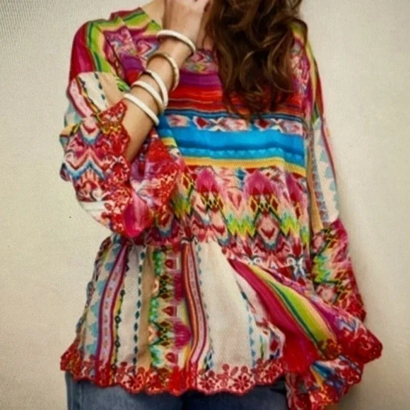 Johnny Was Porcelain Flare-Sleeve Ruffle Blouse NWT